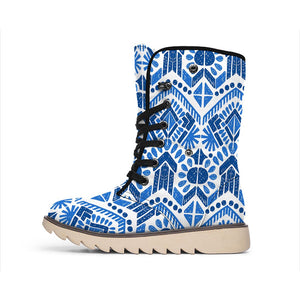 Blue And White Aztec Pattern Print Winter Boots