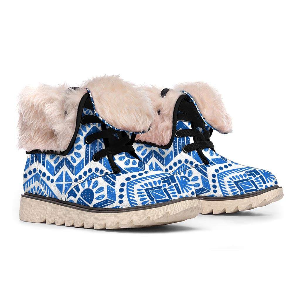 Blue And White Aztec Pattern Print Winter Boots