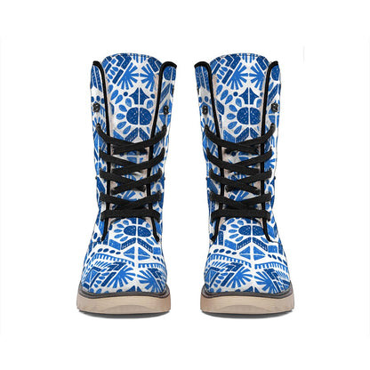 Blue And White Aztec Pattern Print Winter Boots