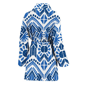 Blue And White Aztec Pattern Print Women's Bathrobe