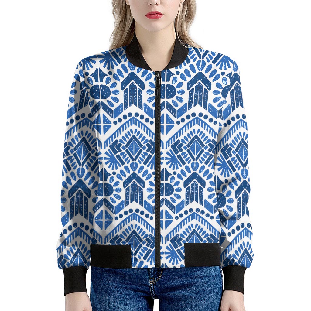 Blue And White Aztec Pattern Print Women's Bomber Jacket