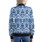 Blue And White Aztec Pattern Print Women's Bomber Jacket