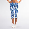 Blue And White Aztec Pattern Print Women's Capri Leggings