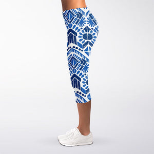 Blue And White Aztec Pattern Print Women's Capri Leggings