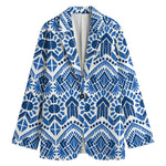 Blue And White Aztec Pattern Print Women's Cotton Blazer