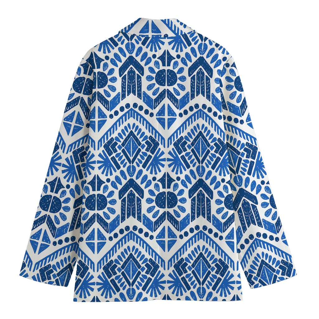 Blue And White Aztec Pattern Print Women's Cotton Blazer