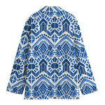 Blue And White Aztec Pattern Print Women's Cotton Blazer