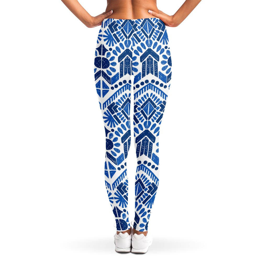 Blue And White Aztec Pattern Print Women's Leggings