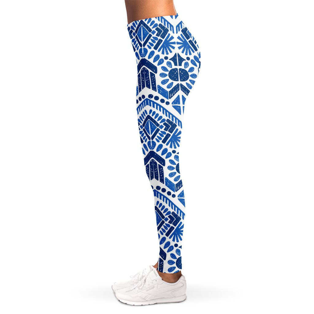 Blue And White Aztec Pattern Print Women's Leggings