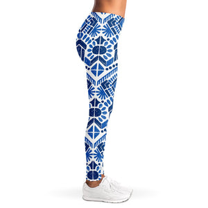 Blue And White Aztec Pattern Print Women's Leggings