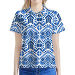 Blue And White Aztec Pattern Print Women's Polo Shirt