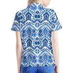 Blue And White Aztec Pattern Print Women's Polo Shirt