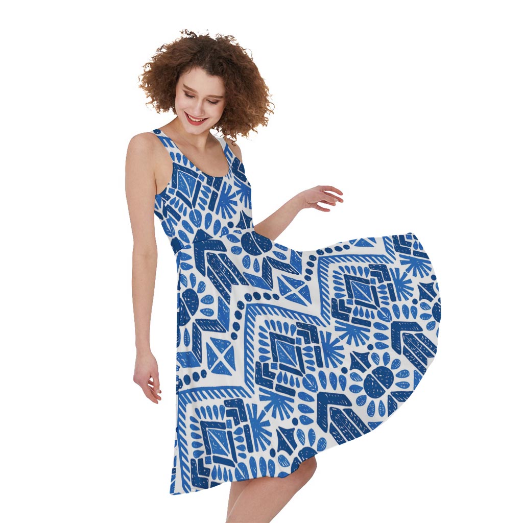 Blue And White Aztec Pattern Print Women's Sleeveless Dress