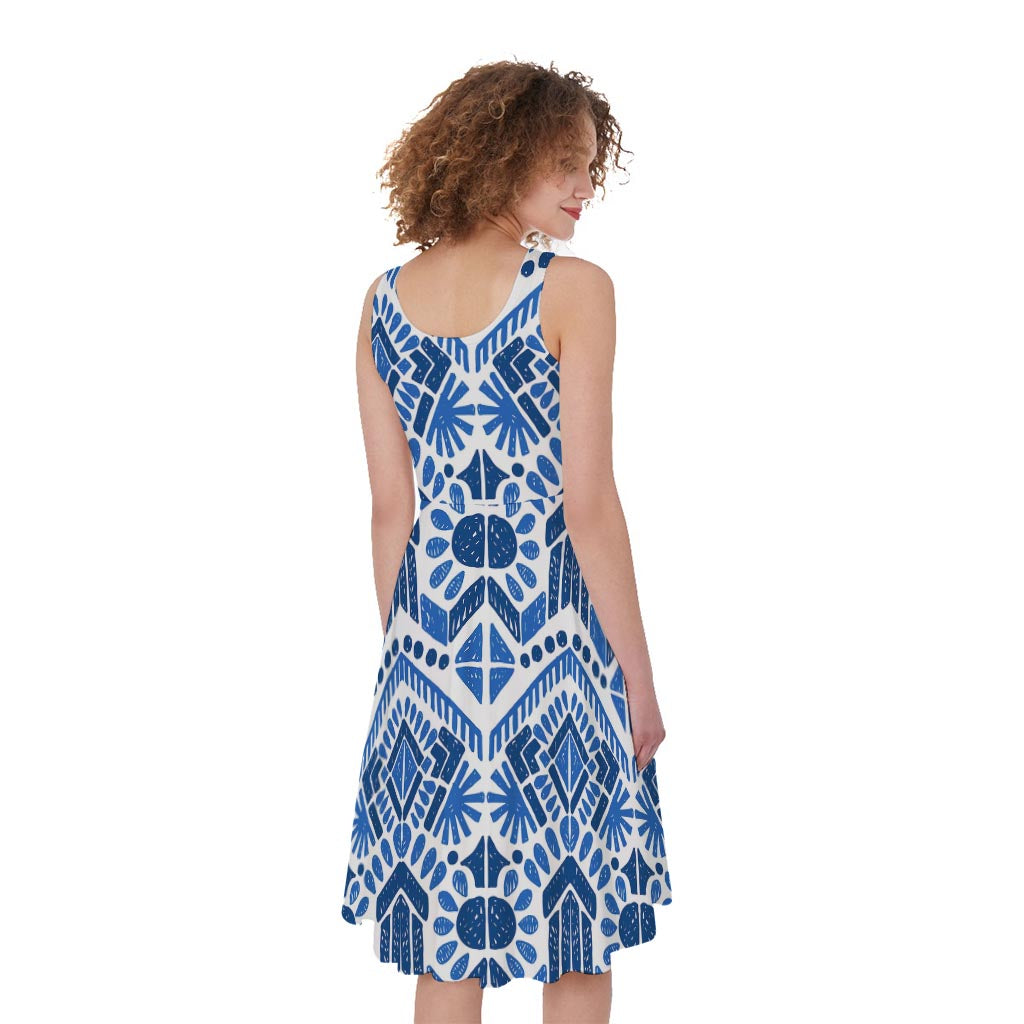 Blue And White Aztec Pattern Print Women's Sleeveless Dress