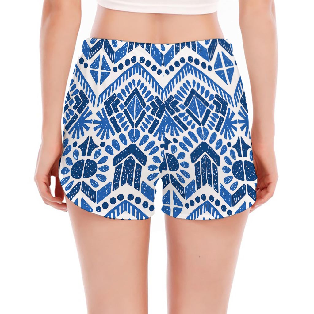 Blue And White Aztec Pattern Print Women's Split Running Shorts