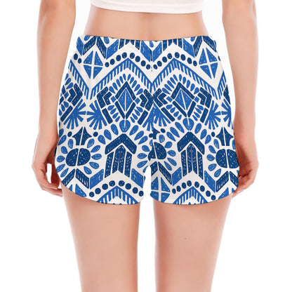 Blue And White Aztec Pattern Print Women's Split Running Shorts