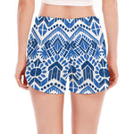 Blue And White Aztec Pattern Print Women's Split Running Shorts