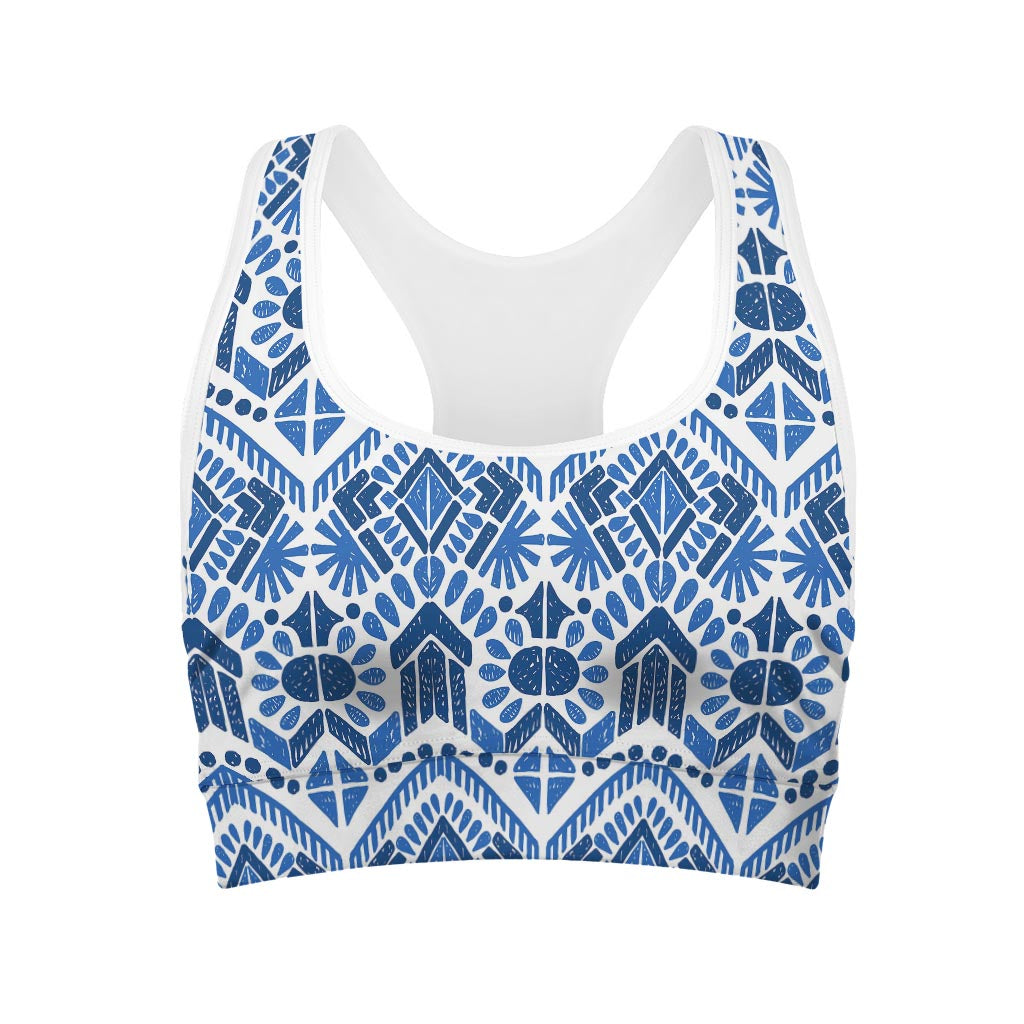 Blue And White Aztec Pattern Print Women's Sports Bra