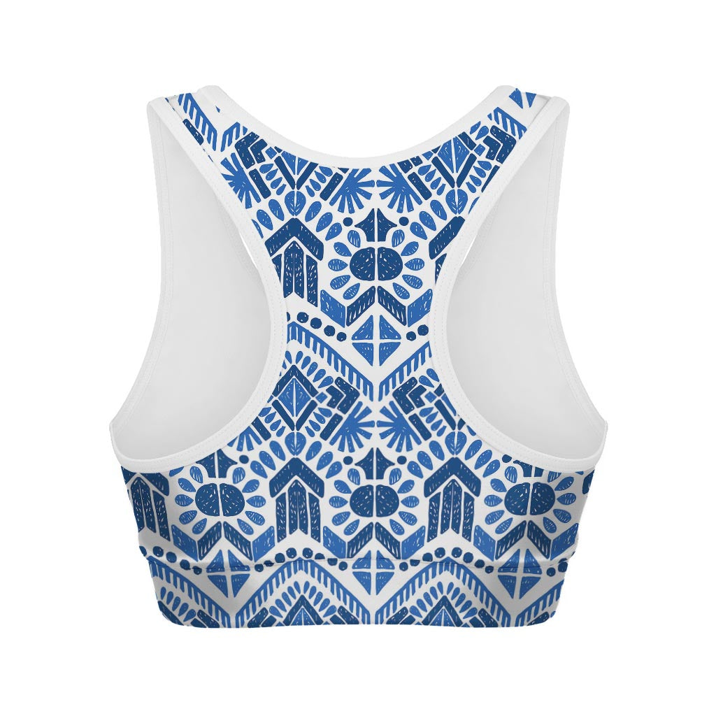 Blue And White Aztec Pattern Print Women's Sports Bra
