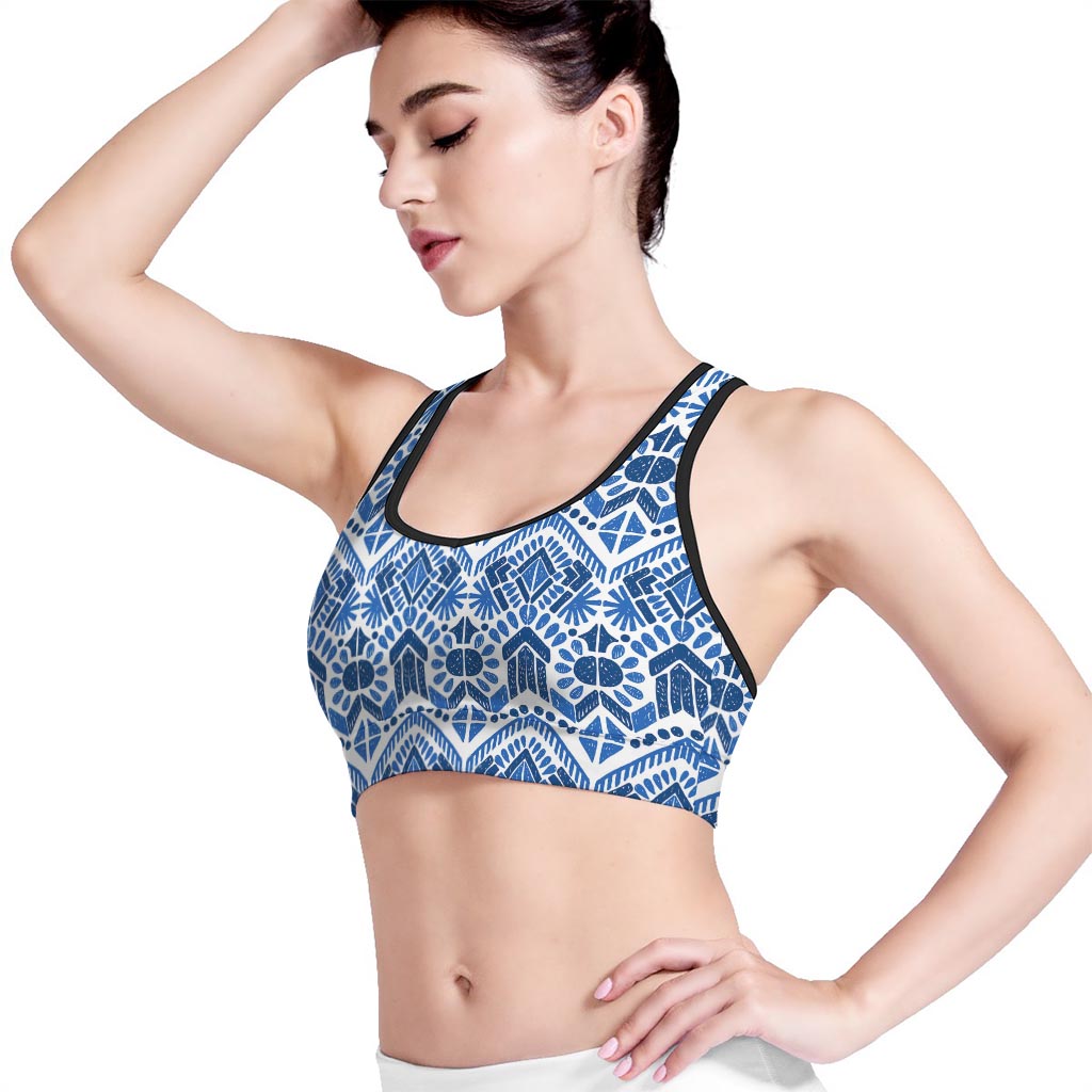 Blue And White Aztec Pattern Print Women's Sports Bra