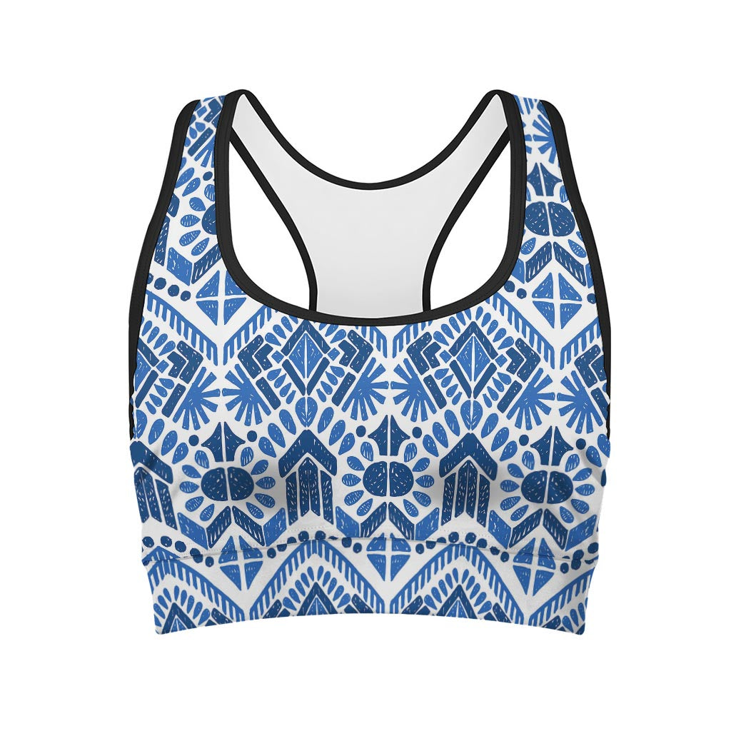 Blue And White Aztec Pattern Print Women's Sports Bra