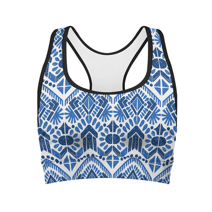 Blue And White Aztec Pattern Print Women's Sports Bra