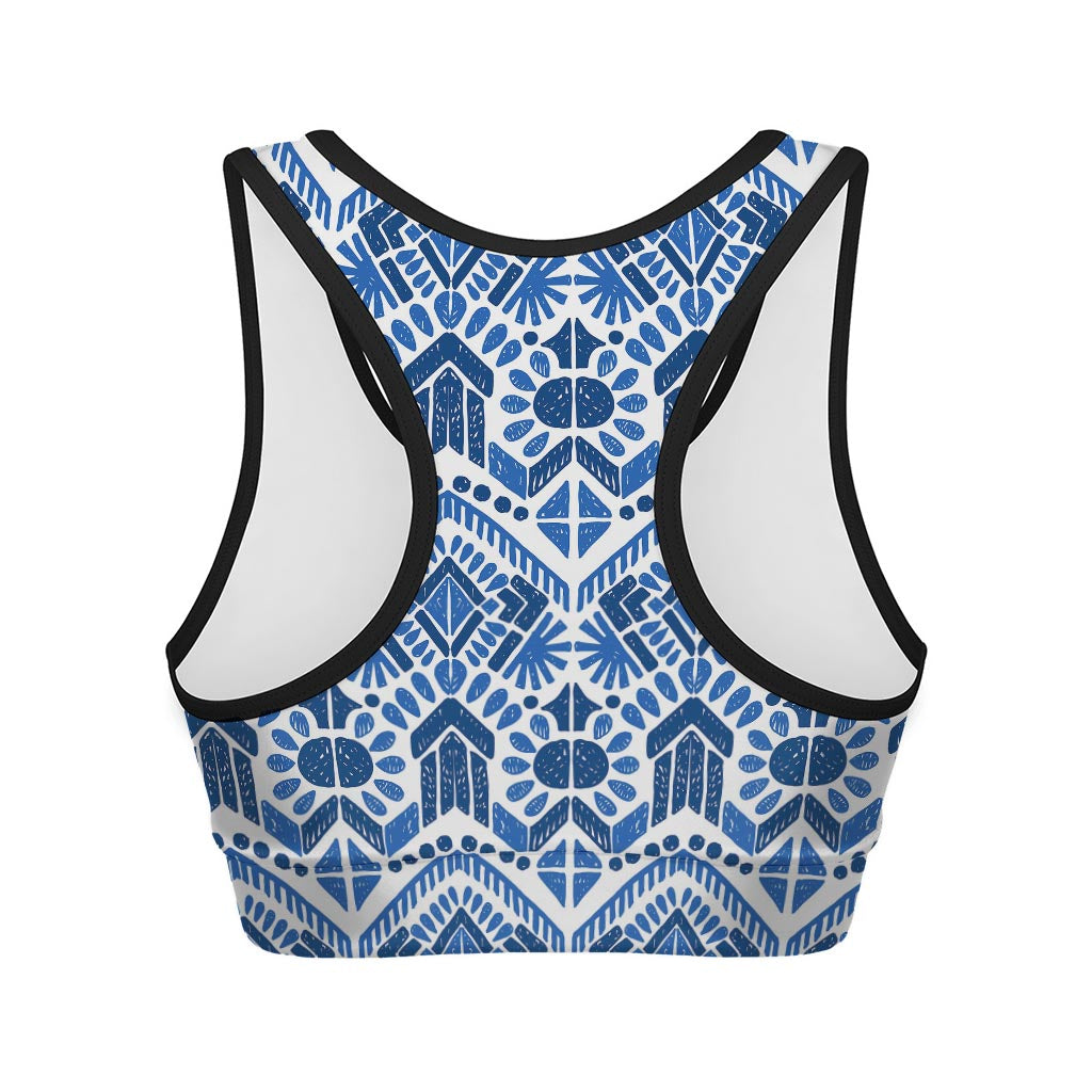 Blue And White Aztec Pattern Print Women's Sports Bra