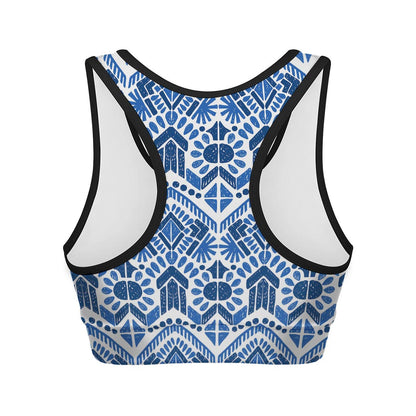 Blue And White Aztec Pattern Print Women's Sports Bra