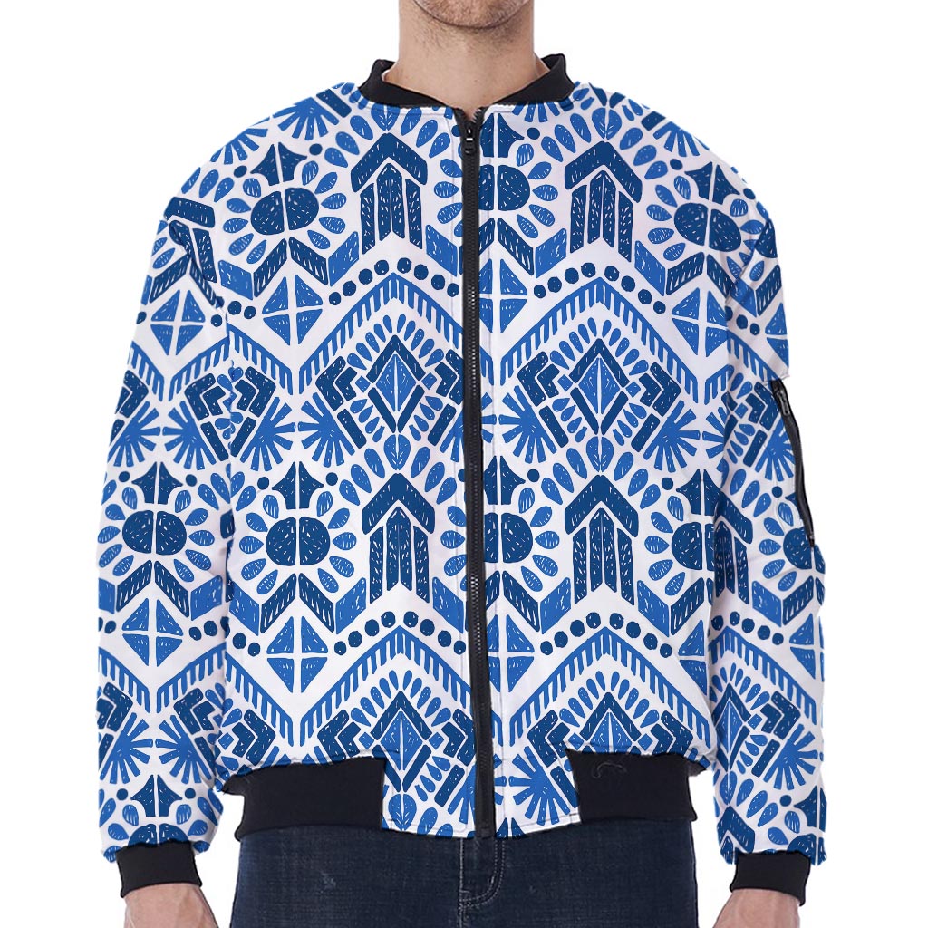 Blue And White Aztec Pattern Print Zip Sleeve Bomber Jacket