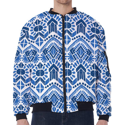 Blue And White Aztec Pattern Print Zip Sleeve Bomber Jacket