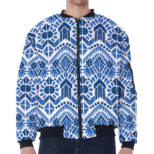 Blue And White Aztec Pattern Print Zip Sleeve Bomber Jacket