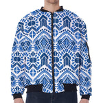 Blue And White Aztec Pattern Print Zip Sleeve Bomber Jacket