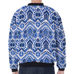 Blue And White Aztec Pattern Print Zip Sleeve Bomber Jacket