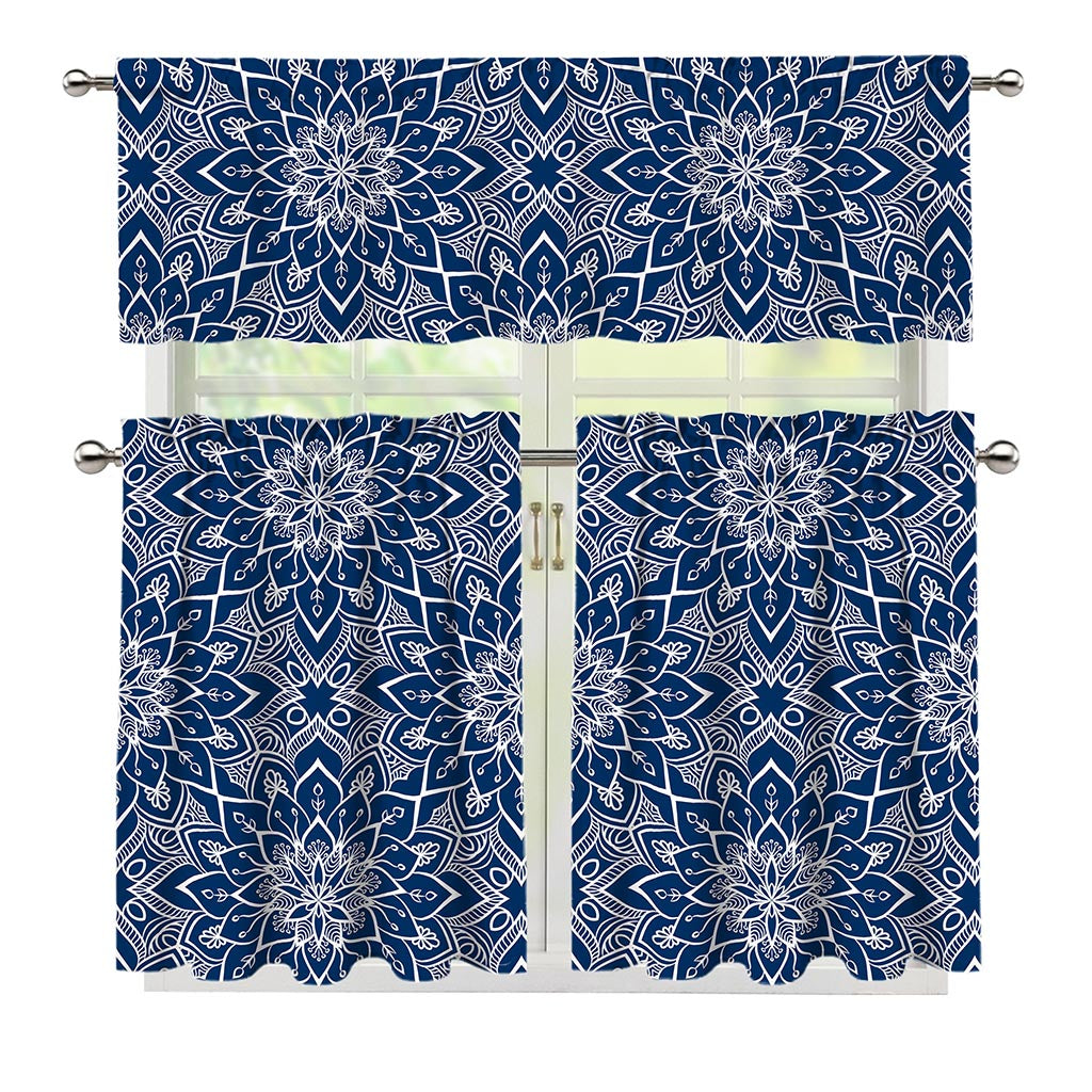 Blue And White Bohemian Mandala Print 3 Piece Kitchen Curtains