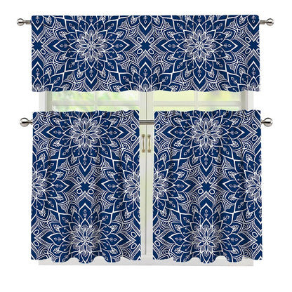 Blue And White Bohemian Mandala Print 3 Piece Kitchen Curtains