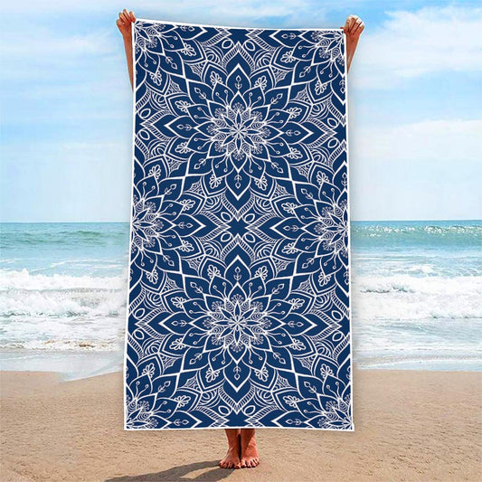 Blue And White Bohemian Mandala Print Beach Towel
