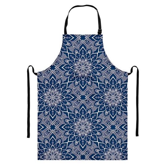 Blue And White Bohemian Mandala Print Bib Apron With Pocket