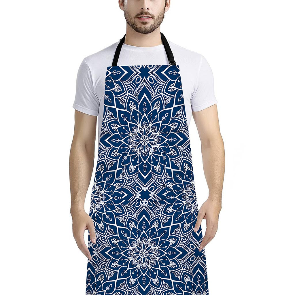 Blue And White Bohemian Mandala Print Bib Apron With Pocket