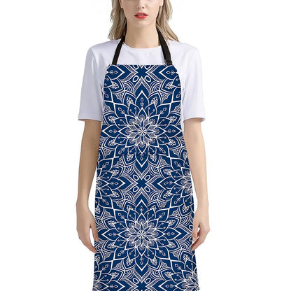 Blue And White Bohemian Mandala Print Bib Apron With Pocket