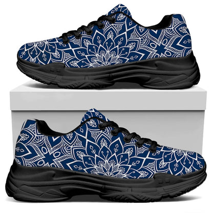 Blue And White Bohemian Mandala Print Black Chunky Shoes