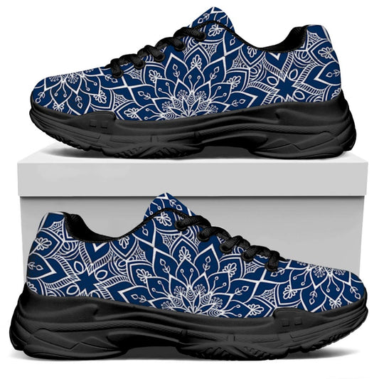 Blue And White Bohemian Mandala Print Black Chunky Shoes
