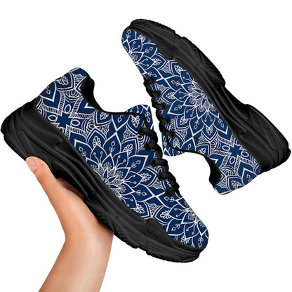 Blue And White Bohemian Mandala Print Black Chunky Shoes