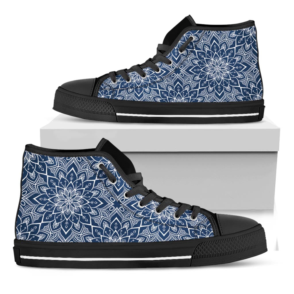 Blue And White Bohemian Mandala Print Black High Top Sneakers