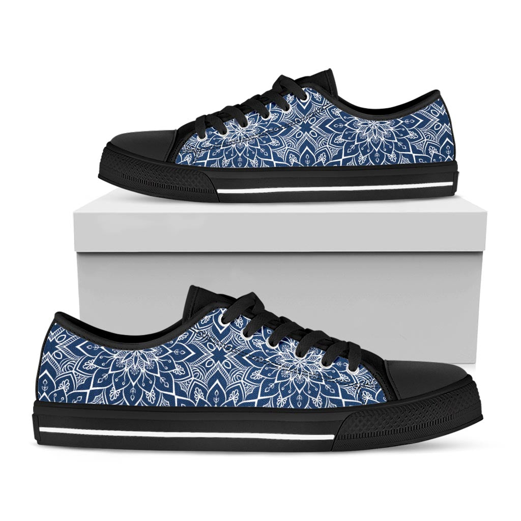 Blue And White Bohemian Mandala Print Black Low Top Sneakers