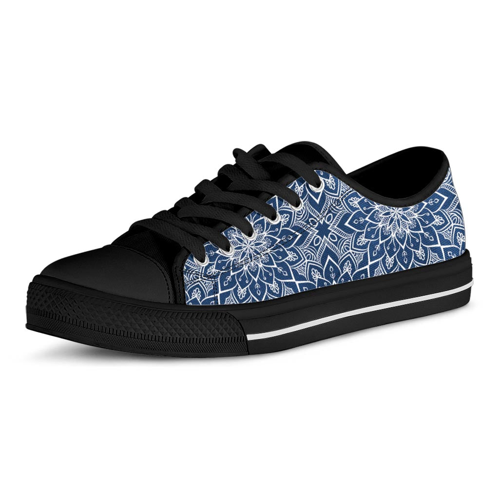 Blue And White Bohemian Mandala Print Black Low Top Sneakers