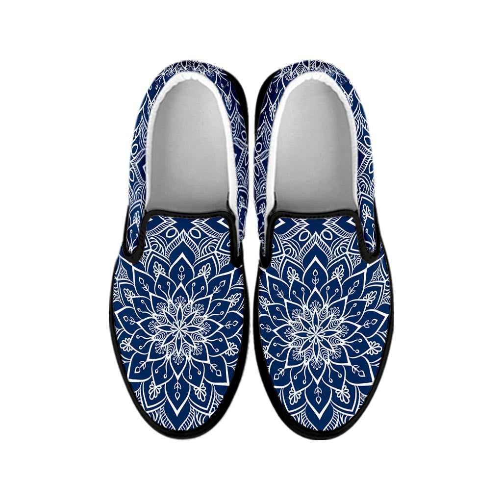 Blue And White Bohemian Mandala Print Black Slip On Sneakers