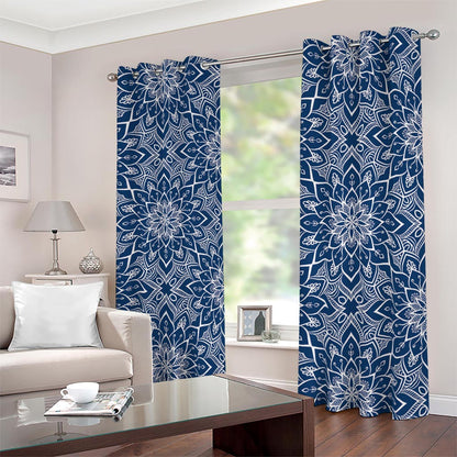Blue And White Bohemian Mandala Print Blackout Grommet Curtains