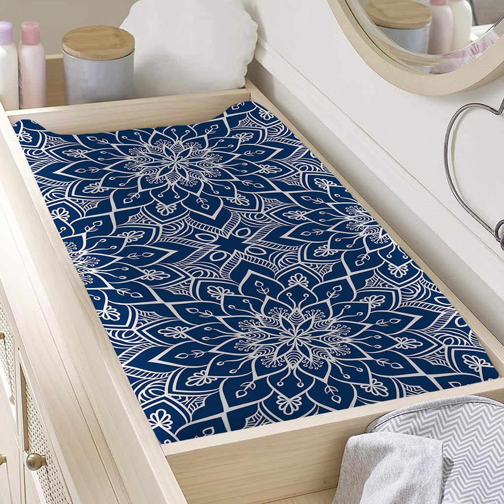 Blue And White Bohemian Mandala Print Changing Pad Cover