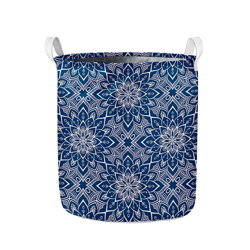 Blue And White Bohemian Mandala Print Collapsible Laundry Basket