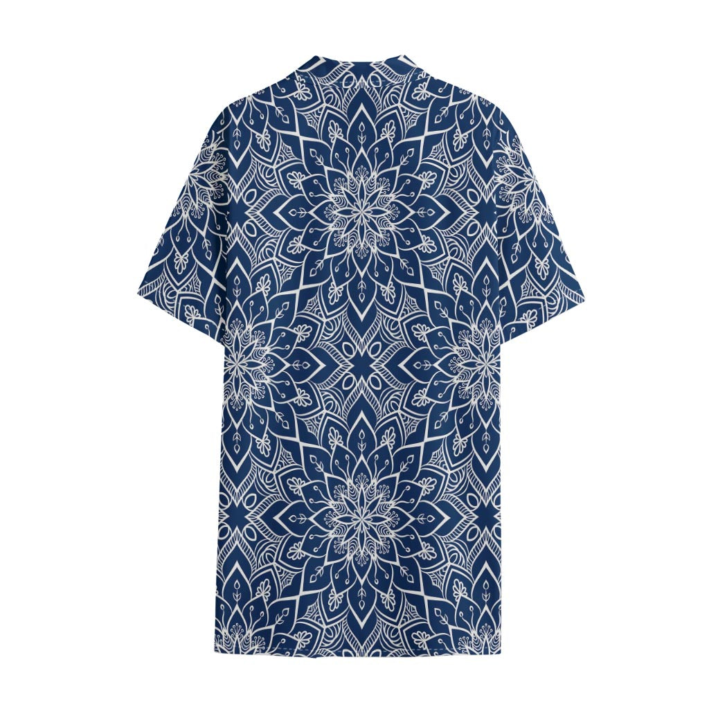 Blue And White Bohemian Mandala Print Cotton Hawaiian Shirt